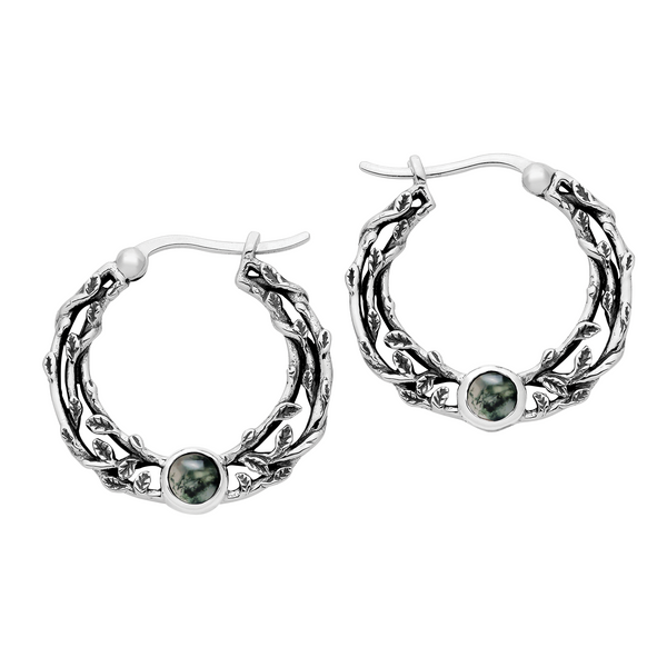 sterling silver leaf vine moss agate hoop earrings alt nature alternative jewellery