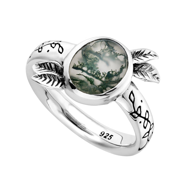 Sterling silver moss agate leaf ring alternative gothic unusual witchy jewellery