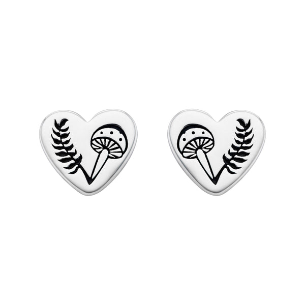 Heart Fern toadstool mushroon stud earring nature inspired alternative boho sterling silver jewellery. 