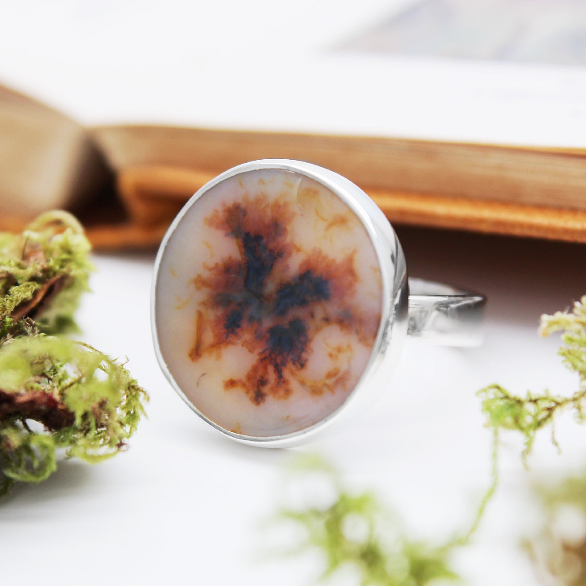 WHISPERING WOODS  - Sterling Silver & Scenic Agate Ring - MEDIUM