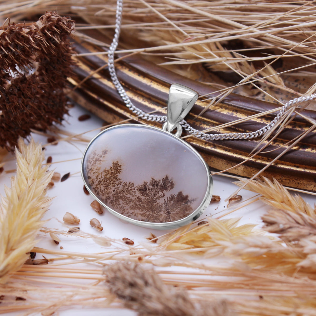 HARVEST - Sterling Silver & Scenic Agate Necklace