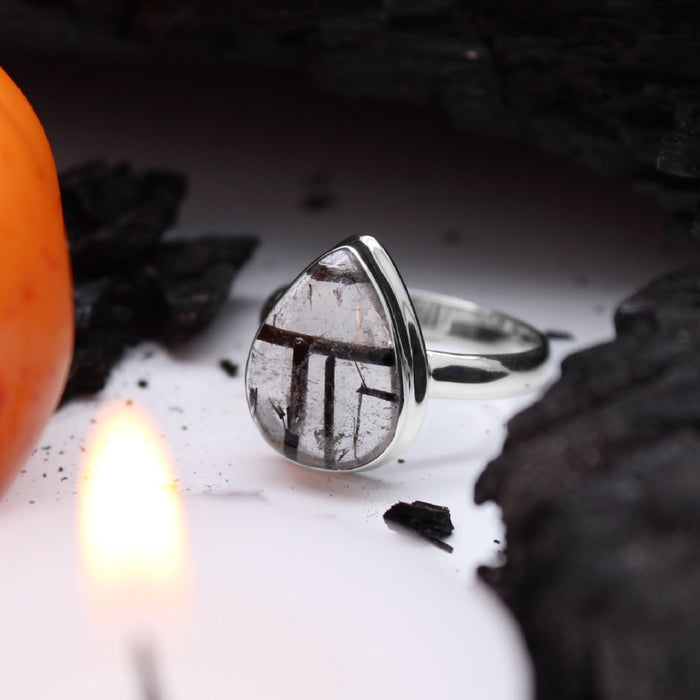 ORACLE - Sterling Silver & Black Rutilated Quartz Ring - US 10