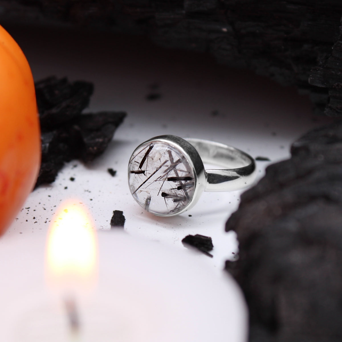 ORACLE - Sterling Silver & Black Rutilated Quartz Ring - US 7