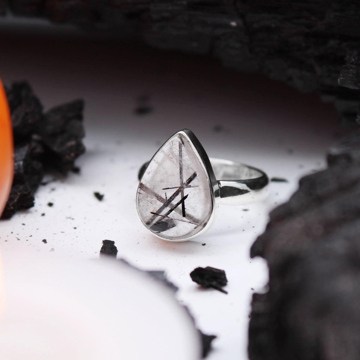 ORACLE - Sterling Silver & Black Rutilated Quartz Ring - US 5