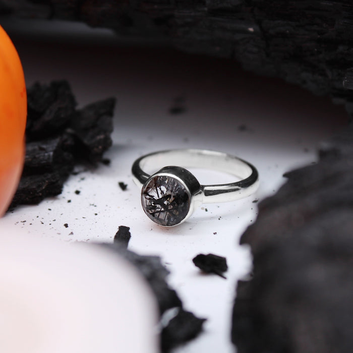 ORACLE - Sterling Silver & Black Rutilated Quartz Ring - US 6