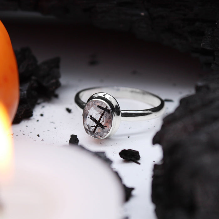 ORACLE - Sterling Silver & Black Rutilated Quartz Ring - US 10
