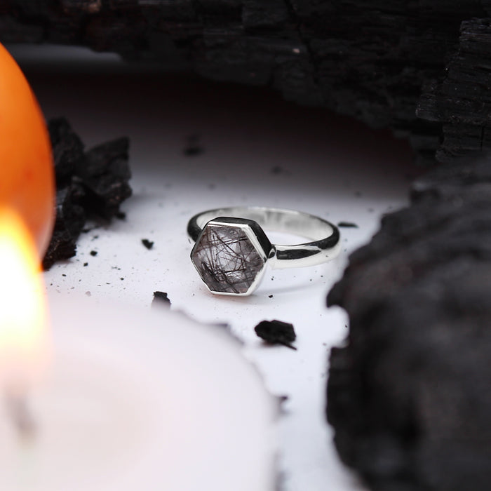 ORACLE - Sterling Silver & Black Rutilated Quartz Ring - US 6