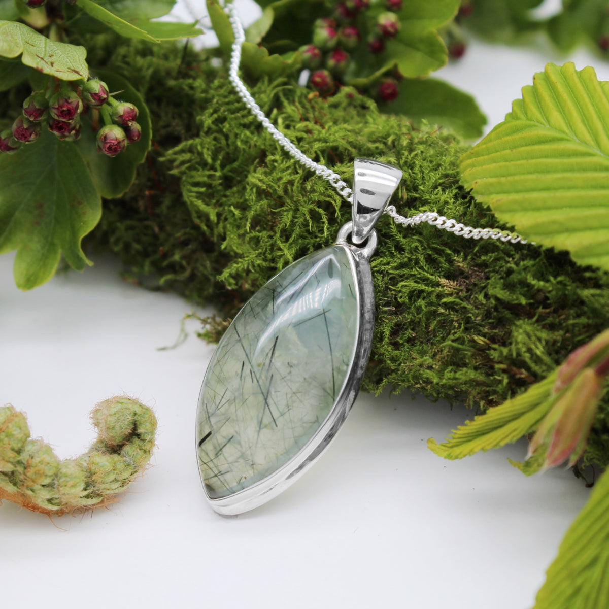 CUT GRASS - Sterling Silver & Green Actinolite in Prehnite Necklace