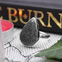 SERPENT - Sterling Silver & Black Coral Ring - US 11